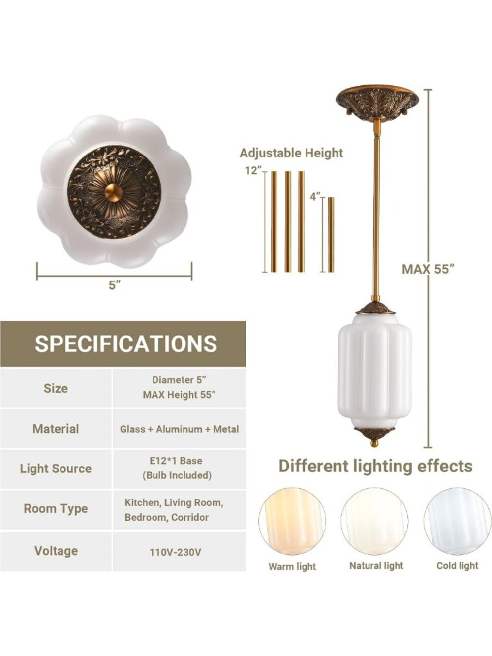 Vintage Milk Glass Ceiling Light Fixture | Antique White Semi Flush Mount - Picture 4 of 7